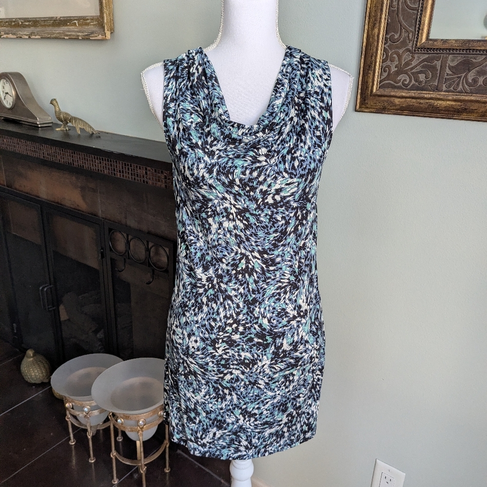 Soma Womens XS Cowl Neck Mini Dress Abstract Pattern Blue Sleeveless Stretch 166